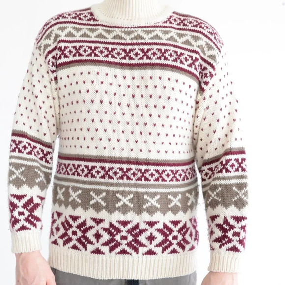 Vintage  90's Kookaburra Collection Knit Cream & Maroon Mock Neck Sweater Medium - Picture 1 of 13